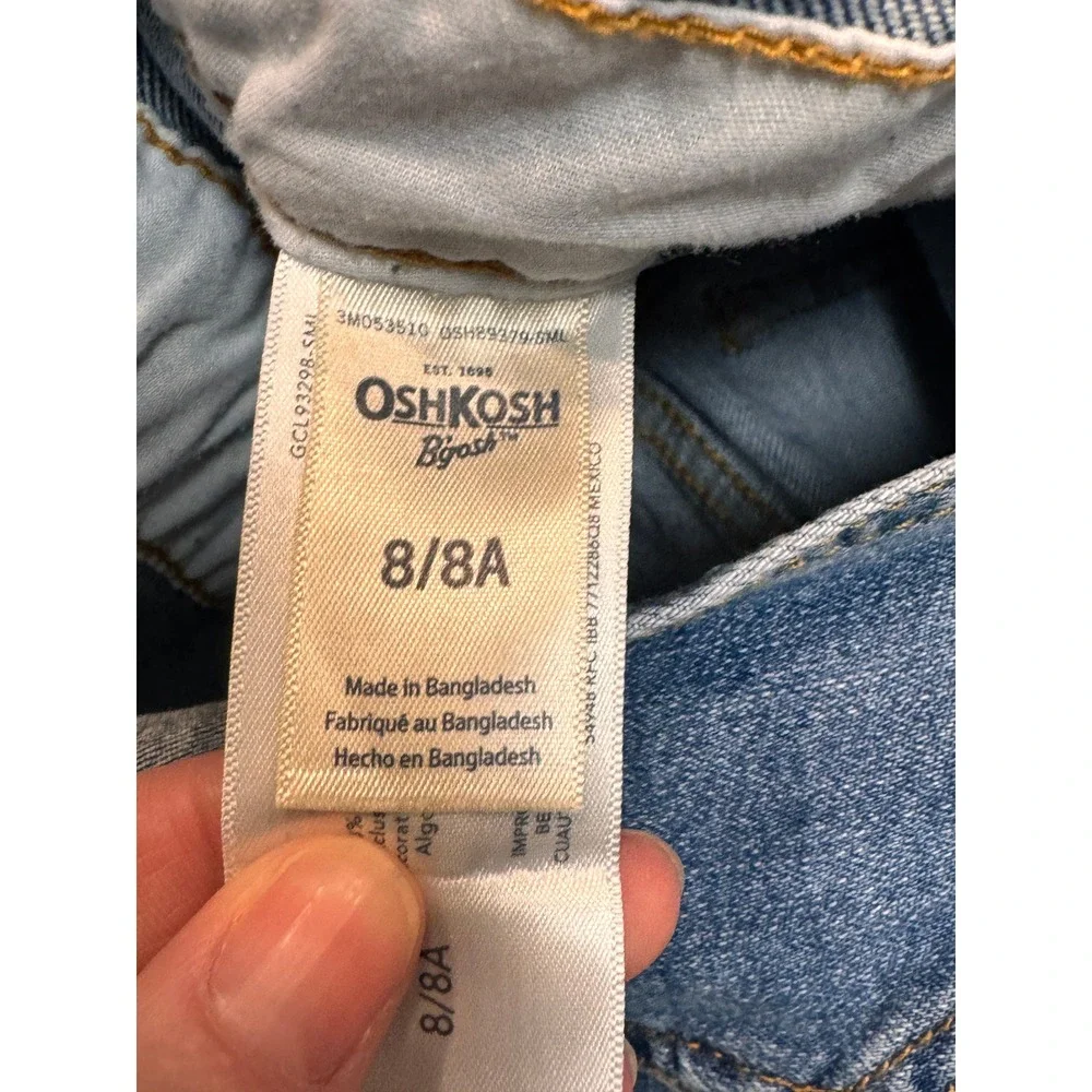 OshKosh B'gosh Girls Denim Overalls Blue Jeans Size 8 Adjustable Straps Raw‎ Hem